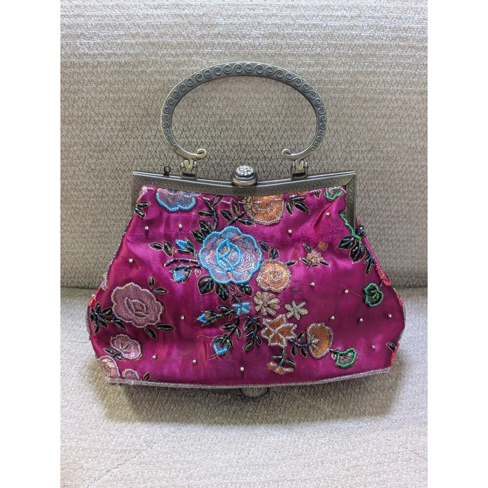 Vintage Beaded Satin Kiss Lock Bag Y2K Evening Purse Statement Wedding Guest - Picture 3 of 10